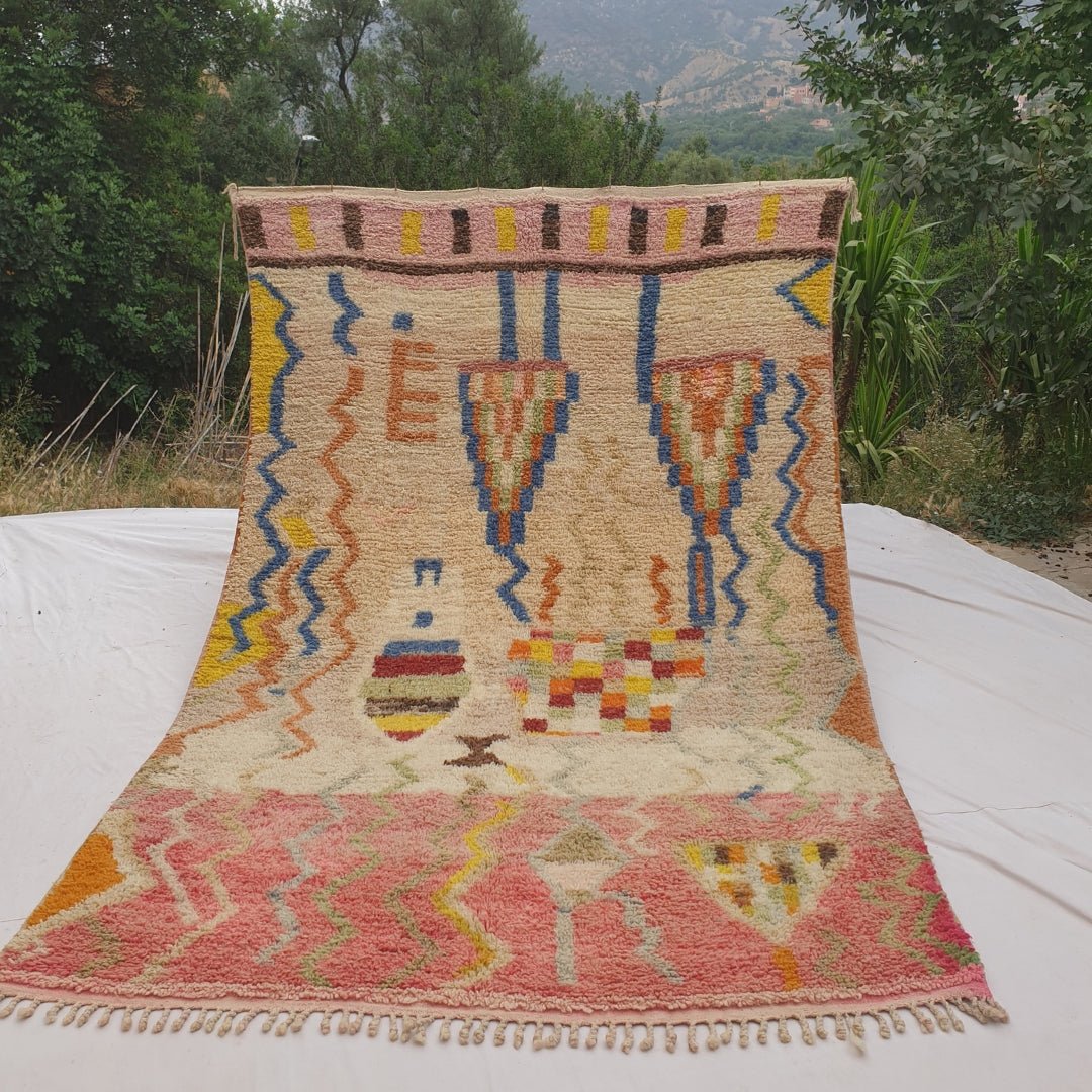 Mafna - Coral & Cream Moroccan Rug with Blue Zigzag Pattern - Handwoven Berber Carpet | 6'3"x10' Ft | 192x307 cm - OunizZ