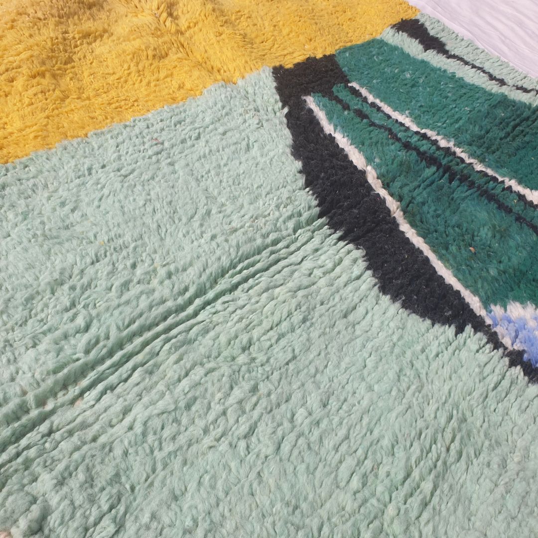 Malnacha - Mint & Yellow Abstract Beni Ourain Rug with Camel Motif and Lantern Figure - Handwoven Berber Carpet | 5'3"x7'8" Ft | 160x236 cm - OunizZ