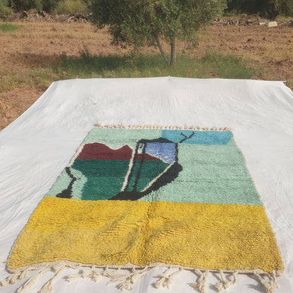 Malnacha - Mint & Yellow Abstract Beni Ourain Rug with Camel Motif and Lantern Figure - Handwoven Berber Carpet | 5'3"x7'8" Ft | 160x236 cm - OunizZ