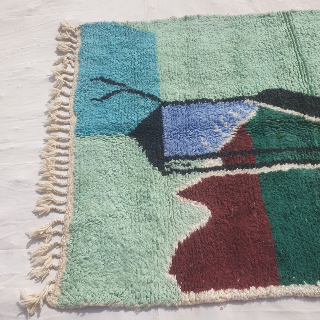Malnacha - Mint & Yellow Abstract Beni Ourain Rug with Camel Motif and Lantern Figure - Handwoven Berber Carpet | 5'3"x7'8" Ft | 160x236 cm - OunizZ