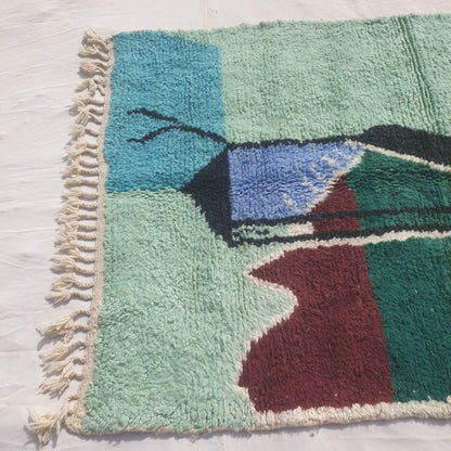 Malnacha - Mint & Yellow Abstract Beni Ourain Rug with Camel Motif and Lantern Figure - Handwoven Berber Carpet | 5'3"x7'8" Ft | 160x236 cm - OunizZ