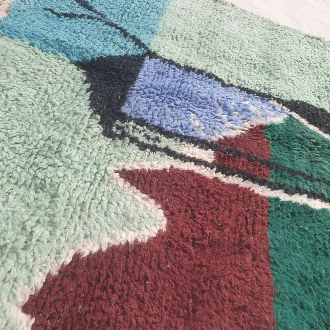 Malnacha - Mint & Yellow Abstract Beni Ourain Rug with Camel Motif and Lantern Figure - Handwoven Berber Carpet | 5'3"x7'8" Ft | 160x236 cm - OunizZ