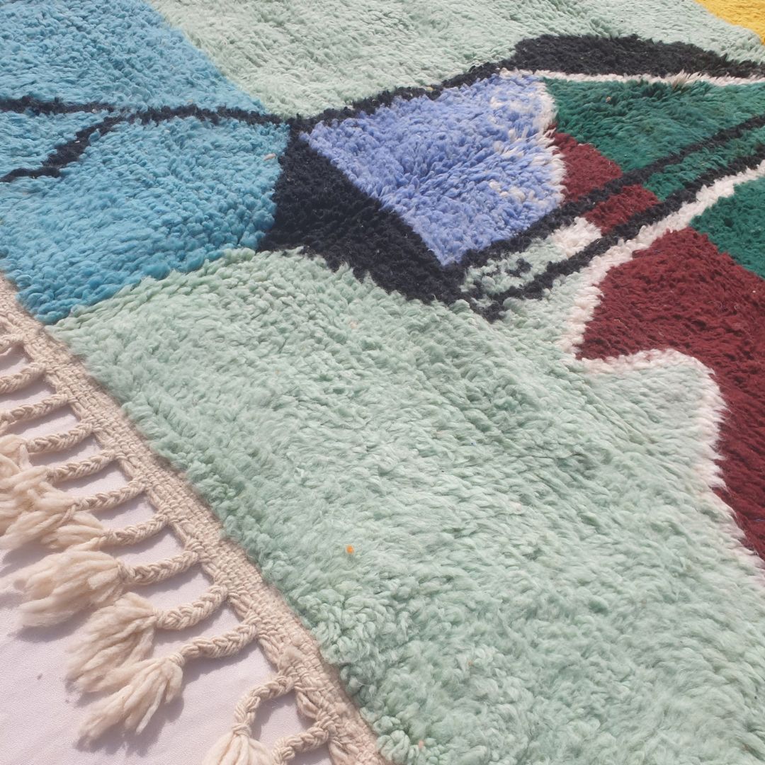 Malnacha - Mint & Yellow Abstract Beni Ourain Rug with Camel Motif and Lantern Figure - Handwoven Berber Carpet | 5'3"x7'8" Ft | 160x236 cm - OunizZ