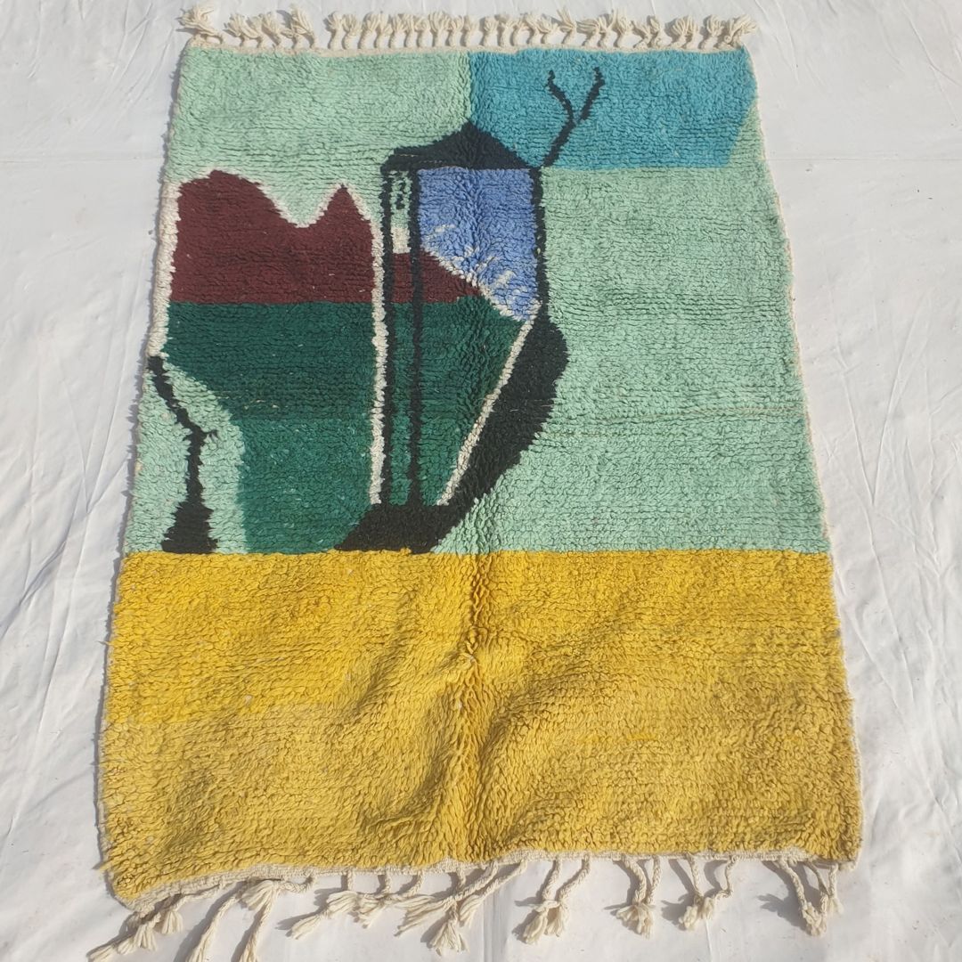 Malnacha - Mint & Yellow Abstract Beni Ourain Rug with Camel Motif and Lantern Figure - Handwoven Berber Carpet | 5'3"x7'8" Ft | 160x236 cm - OunizZ