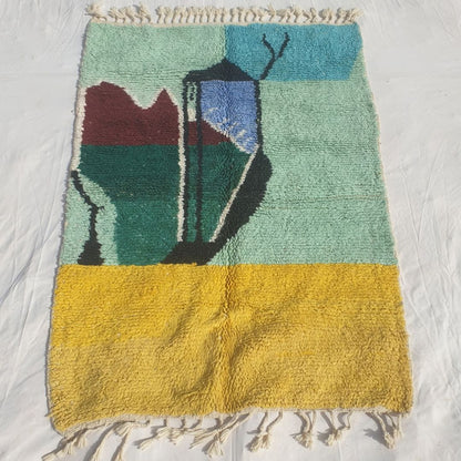 Malnacha - Mint & Yellow Abstract Beni Ourain Rug with Camel Motif and Lantern Figure - Handwoven Berber Carpet | 5'3"x7'8" Ft | 160x236 cm - OunizZ