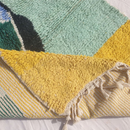 Malnacha - Mint & Yellow Abstract Beni Ourain Rug with Camel Motif and Lantern Figure - Handwoven Berber Carpet | 5'3"x7'8" Ft | 160x236 cm - OunizZ