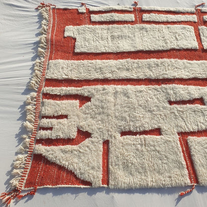 Matra | White & Terracotta 7x10 Moroccan Rug Soft Beni Ourain | Berber Handmade Wool Carpet | 7'48x10' Ft | 228x303 cm - OunizZ