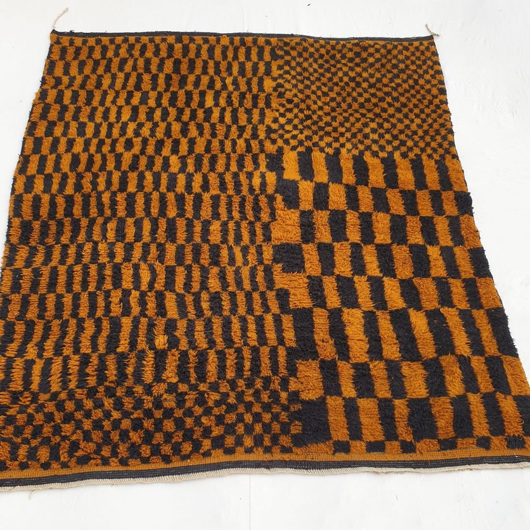 Mazama | Checkered Golden Brown & Black 8x10 Moroccan Rug Beni Mrirt Ultra Soft & Thick | 8'53x10'27 Ft | 260x313 cm - OunizZ