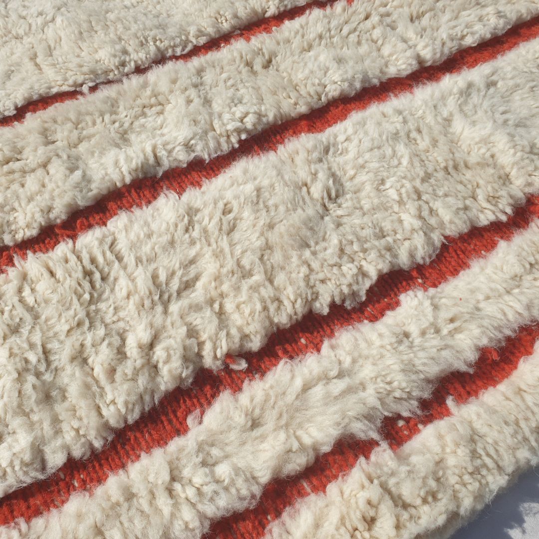 Mitra | 5x8 Beni Ourain Moroccan Rug - Super Soft Ivory Plush Shag with Burnt Orange Vertical Stripes Wool Berber Carpet | 5'2"x8'6" ft | 158x260 cm - OunizZ