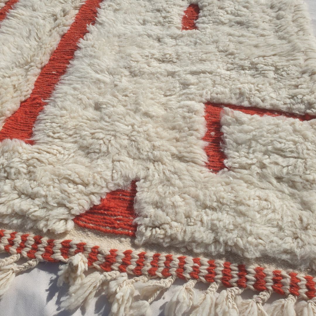 Mitra | 5x8 Beni Ourain Moroccan Rug - Super Soft Ivory Plush Shag with Burnt Orange Vertical Stripes Wool Berber Carpet | 5'2"x8'6" ft | 158x260 cm - OunizZ