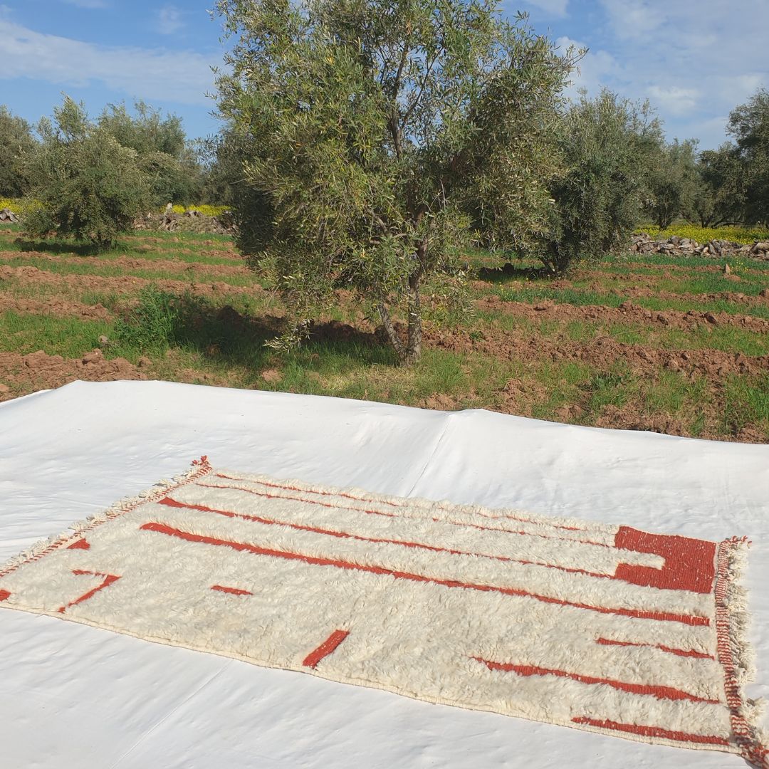 Mitra | 5x8 Beni Ourain Moroccan Rug - Super Soft Ivory Plush Shag with Burnt Orange Vertical Stripes Wool Berber Carpet | 5'2"x8'6" ft | 158x260 cm - OunizZ