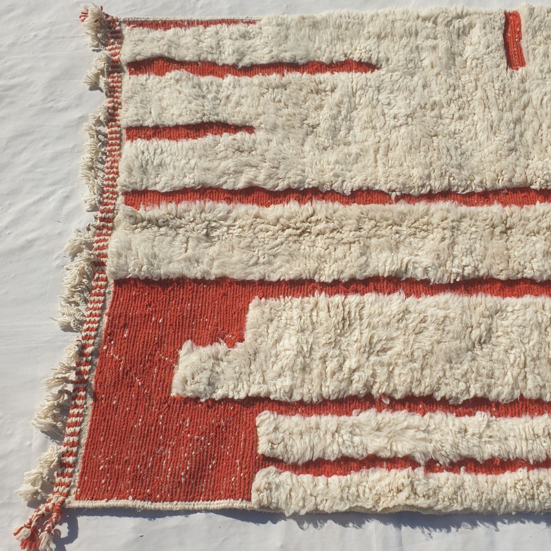 Mitra | 5x8 Beni Ourain Moroccan Rug - Super Soft Ivory Plush Shag with Burnt Orange Vertical Stripes Wool Berber Carpet | 5'2"x8'6" ft | 158x260 cm - OunizZ