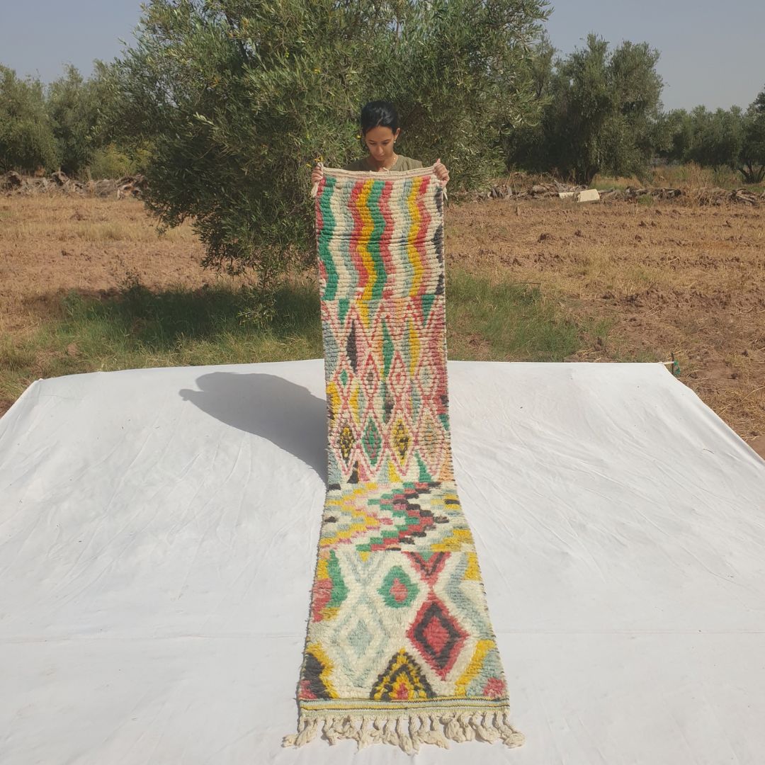 Mohala - Slim Colorful Moroccan Runner Rug Mixing Zigzag Stripes, a Diamond Lattice, a Checkerboard and Bold Diamonds on Cream - Handwoven Berber Carpet | 2'x10' Ft | 60x305 cm - OunizZ