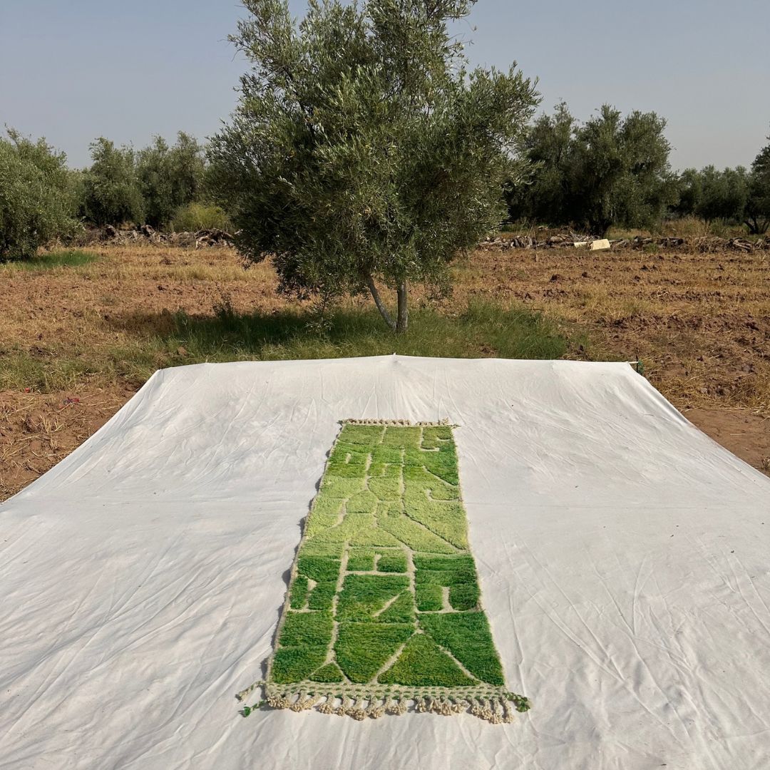 Molahna - Bright Green Beni Ourain Runner Rug with Faceted Mosaic in Lime and Grass Green - Handwoven Berber Carpet | 2'5"x9'1" Ft | 75x277 cm - OunizZ