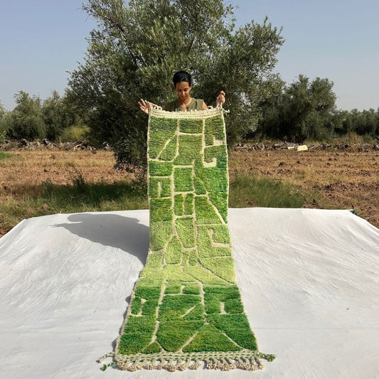 Molahna - Bright Green Beni Ourain Runner Rug with Faceted Mosaic in Lime and Grass Green - Handwoven Berber Carpet | 2'5"x9'1" Ft | 75x277 cm - OunizZ