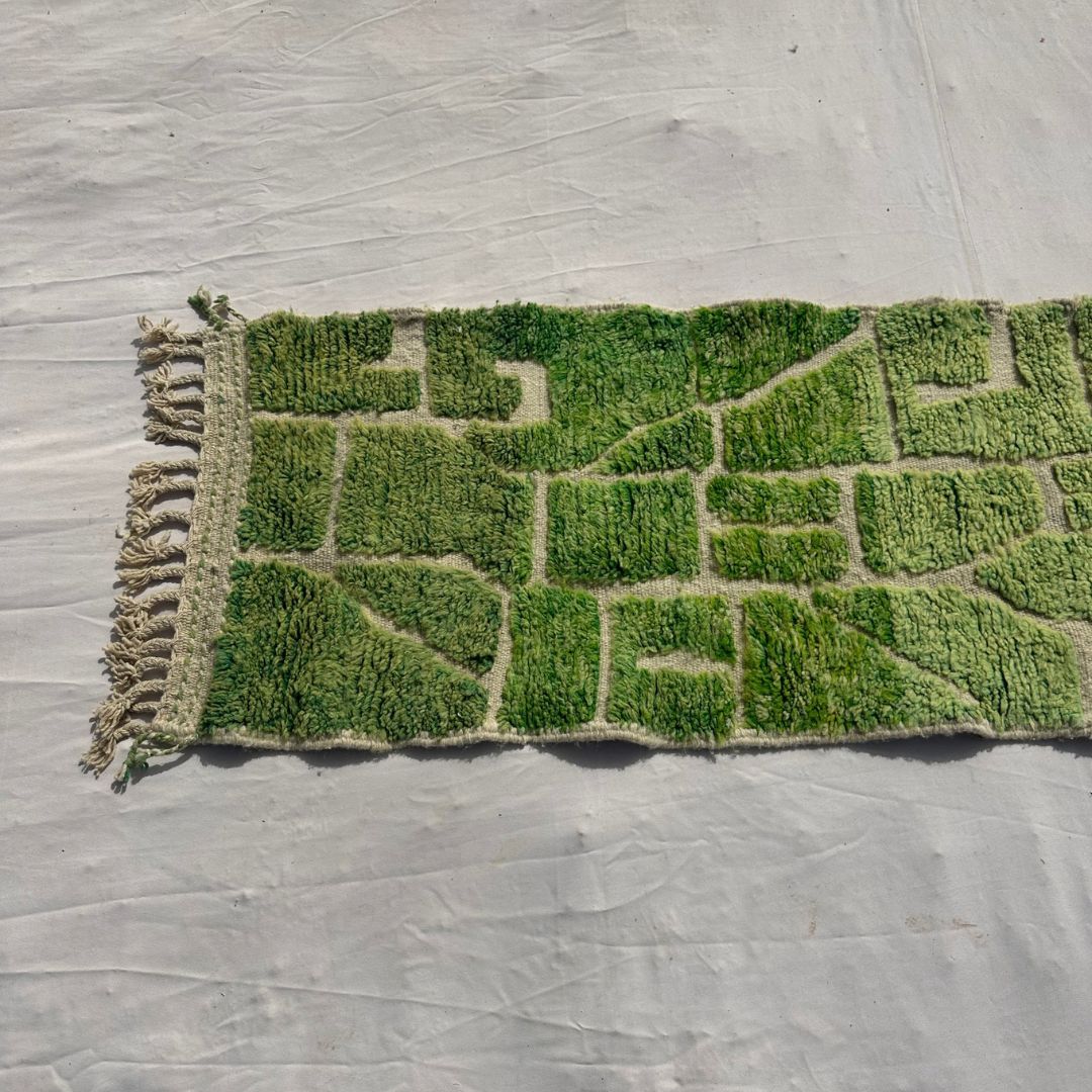 Molahna - Bright Green Beni Ourain Runner Rug with Faceted Mosaic in Lime and Grass Green - Handwoven Berber Carpet | 2'5"x9'1" Ft | 75x277 cm - OunizZ
