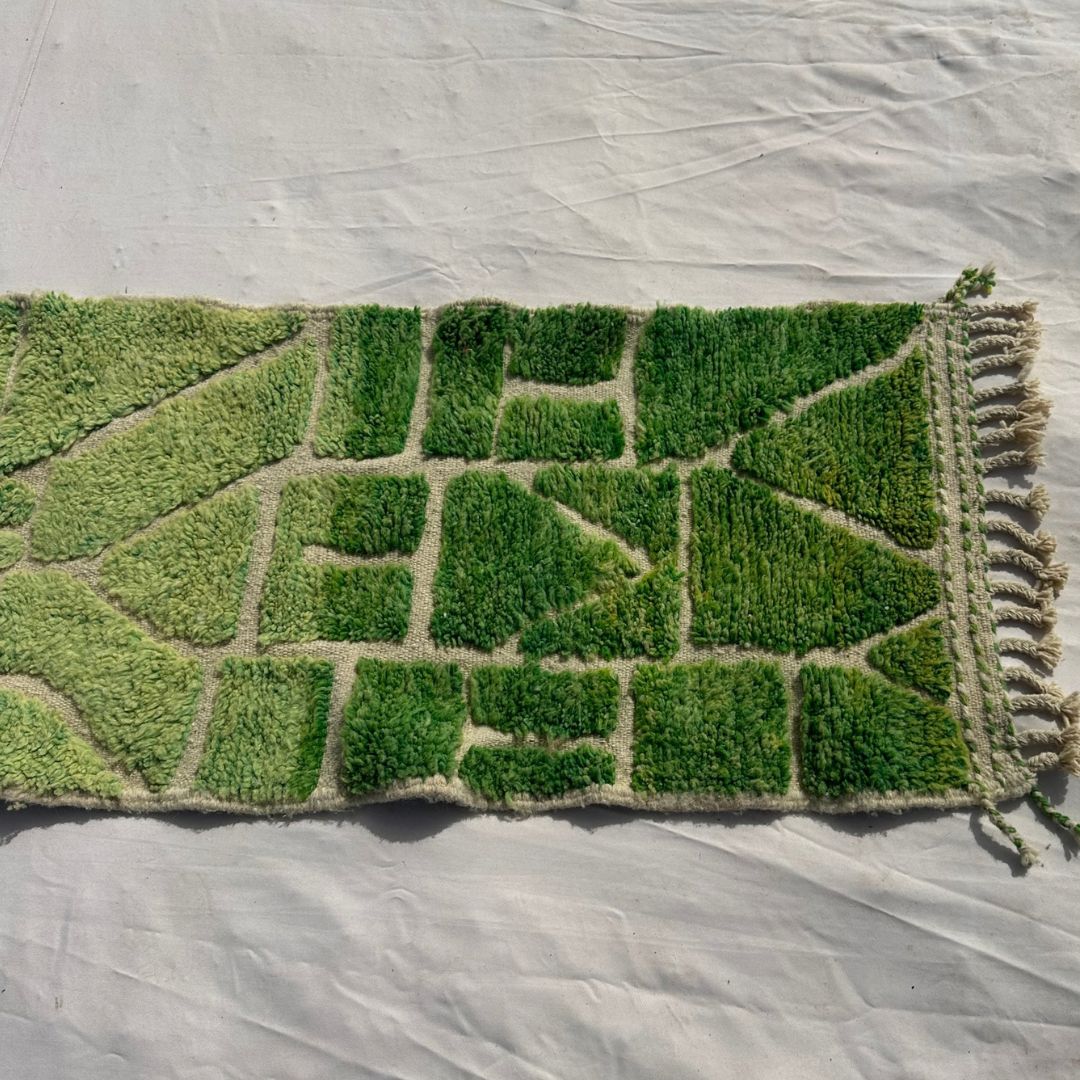 Molahna - Bright Green Beni Ourain Runner Rug with Faceted Mosaic in Lime and Grass Green - Handwoven Berber Carpet | 2'5"x9'1" Ft | 75x277 cm - OunizZ