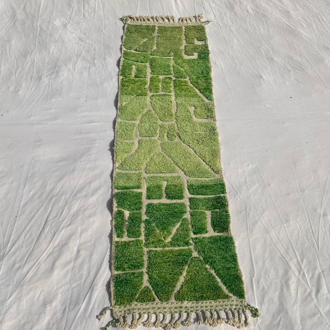 Molahna - Bright Green Beni Ourain Runner Rug with Faceted Mosaic in Lime and Grass Green - Handwoven Berber Carpet | 2'5"x9'1" Ft | 75x277 cm - OunizZ