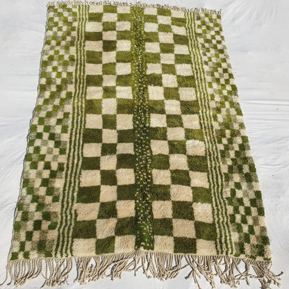 Mouassine | Checkered Olive Green Moroccan Rug 6x9 Beni Ourain Ultra Soft | Authentic Berber wool Beni Rug | 6'46x9'61 Ft | 197x293 cm - OunizZ