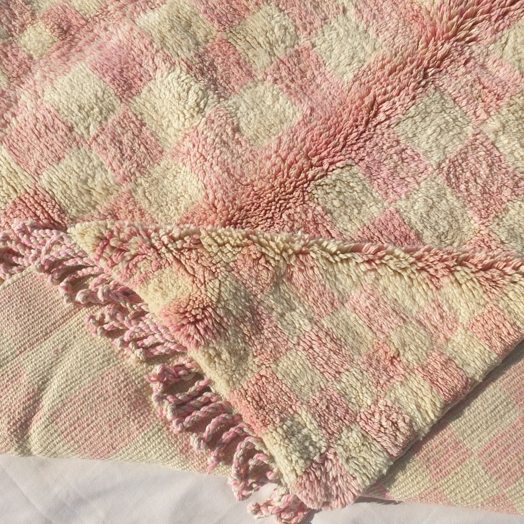 Mouassine | Checkered Pink Moroccan Rug 6x9 Beni Ourain Ultra Soft | Authentic Berber wool Beni Rug | 6'11"x9'8" Ft | 211x294 cm - OunizZ