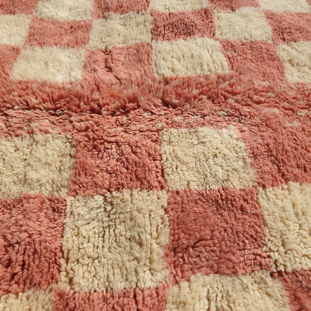 Mouassine | Checkered Pink Moroccan Rug 6x9 Beni Ourain Ultra Soft | Authentic Berber wool Beni Rug | 6'82x9'45 Ft | 208x288 cm - OunizZ