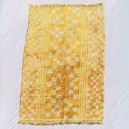 Mouassine | Checkered Yellow Moroccan Rug 6x9 Beni Ourain Ultra Soft | Authentic Berber wool Beni Rug | 6'53x9'74 Ft | 199x297 cm - OunizZ
