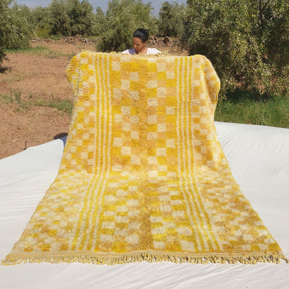 Mouassine | Checkered Yellow Moroccan Rug 6x9 Beni Ourain Ultra Soft | Authentic Berber wool Beni Rug | 6'53x9'74 Ft | 199x297 cm - OunizZ