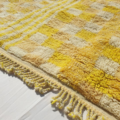 Mouassine | Checkered Yellow Moroccan Rug 6x9 Beni Ourain Ultra Soft | Authentic Berber wool Beni Rug | 6'53x9'74 Ft | 199x297 cm - OunizZ