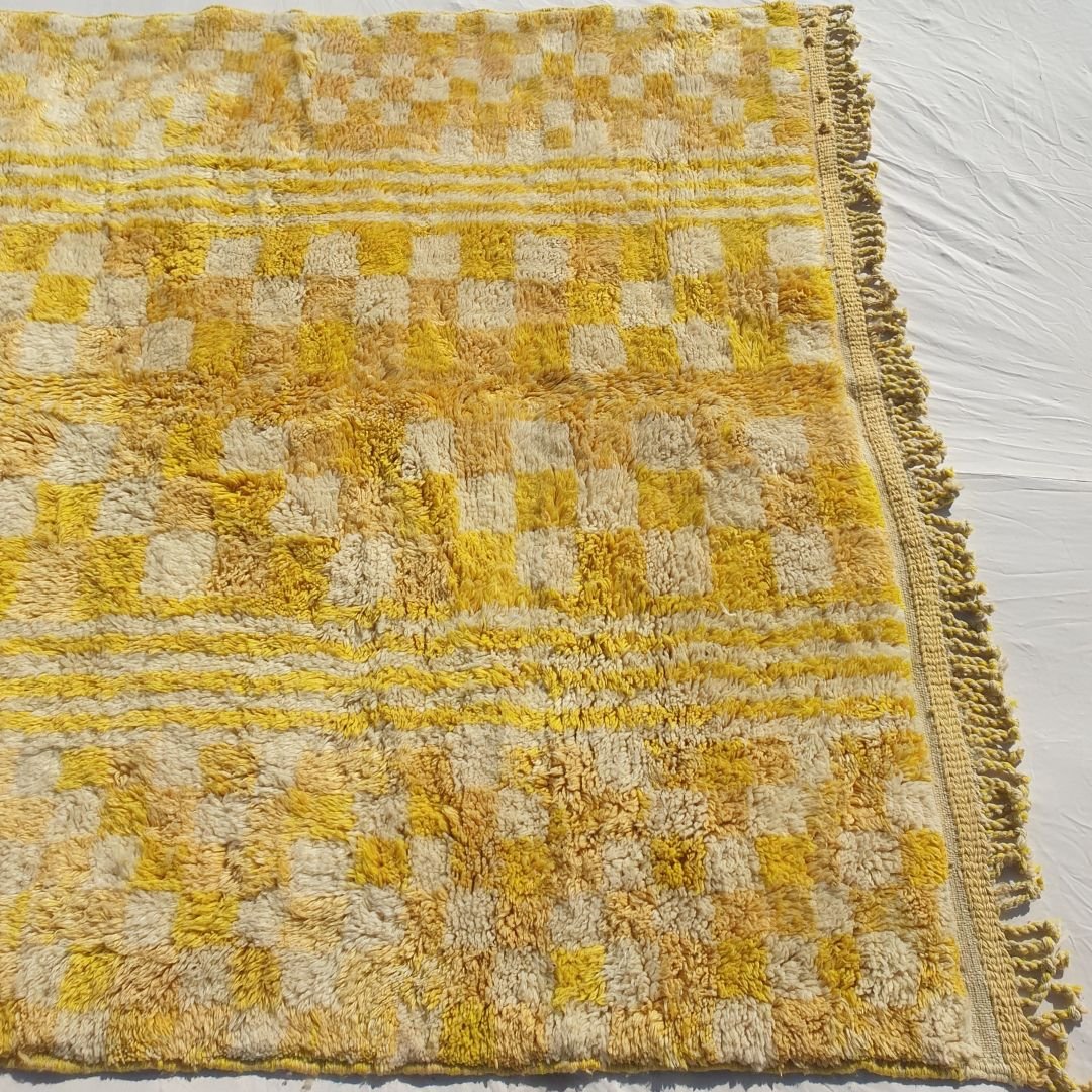 Mouassine | Checkered Yellow Moroccan Rug 6x9 Beni Ourain Ultra Soft | Authentic Berber wool Beni Rug | 6'53x9'74 Ft | 199x297 cm - OunizZ