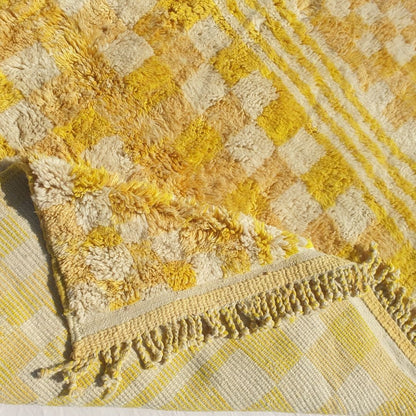 Mouassine | Checkered Yellow Moroccan Rug 6x9 Beni Ourain Ultra Soft | Authentic Berber wool Beni Rug | 6'53x9'74 Ft | 199x297 cm - OunizZ