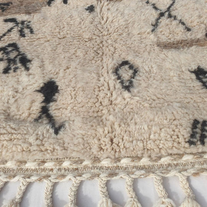 Nama | 3x5 Beni Ourain Rug - Soft Beige Moroccan Shag Rug with Black Geometric Symbols | 3'8"x5'3" Ft | 112x160 cm - OunizZ