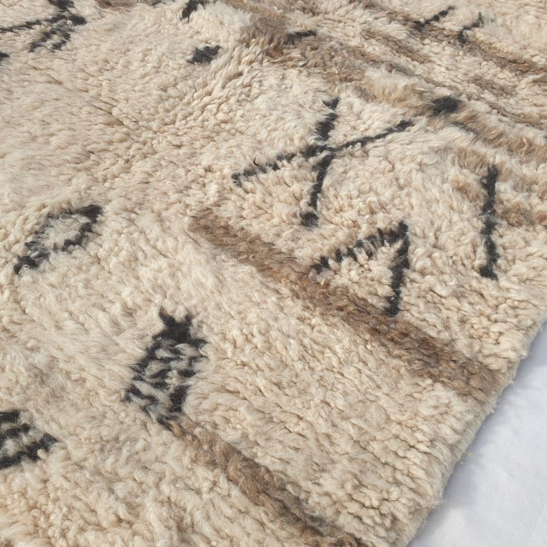 Nama | 3x5 Beni Ourain Rug - Soft Beige Moroccan Shag Rug with Black Geometric Symbols | 3'8"x5'3" Ft | 112x160 cm - OunizZ