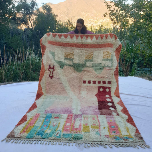 Handwoven 6x10 ft Boujad Moroccan rug in soft pastel pinks, mint green, yellow and peach abstract patterns on cream wool – ideal for gentle boho and modern interiors