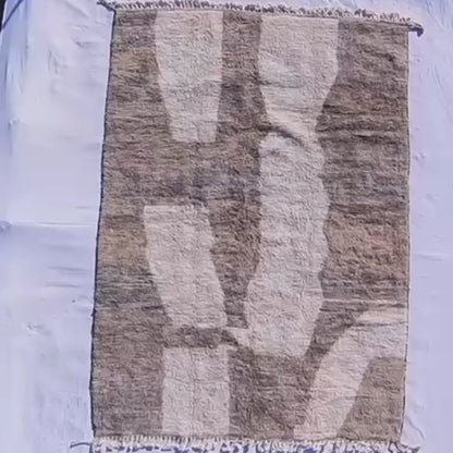 Bagina | 7x10 Beni Ourain Moroccan Rug - Soft Ivory Plush Shag with Brown Geometric Blocks Wool Berber Carpet | 7'5"x10'3" Ft | 226x312 cm