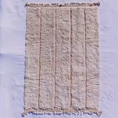 Lfala | 6x9 Beni Ourain Moroccan Rug - Soft Ivory Plush Shag with Warm Orange Lines Wool Berber Carpet | 6'9"x9'7" Ft | 207x294 cm