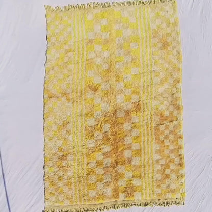 Mouassine | Checkered Yellow Moroccan Rug 6x9 Beni Ourain Ultra Soft | Authentic Berber wool Beni Rug | 6'53x9'74 Ft | 199x297 cm