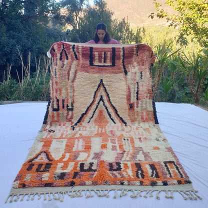 Vibrant pink orange Boujad rug 6x9 ft with geometric patterns – handwoven colorful Moroccan wool berber area rug