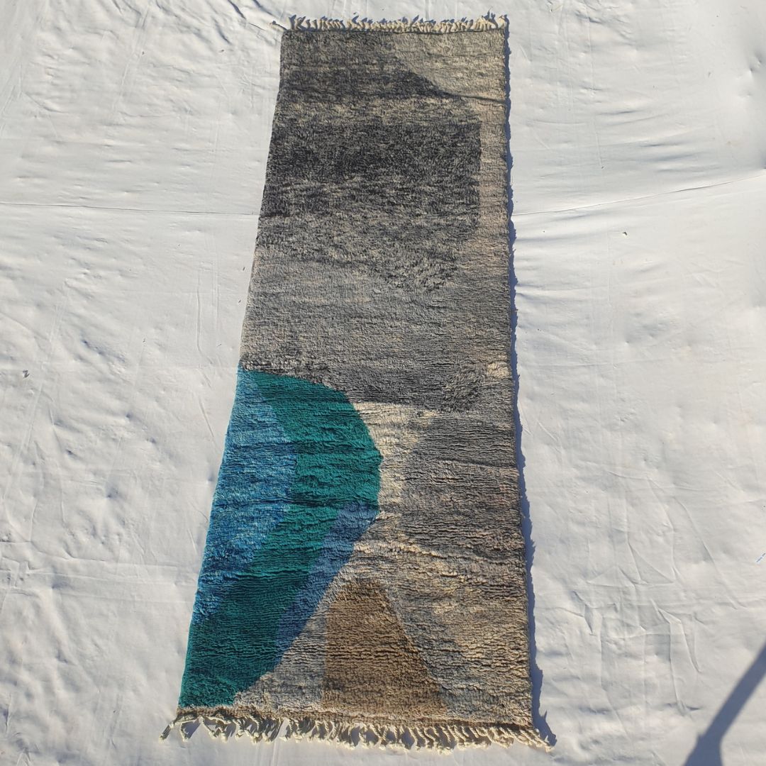 Dense plush pile and abstract gradient pattern in teal and gray on this luxurious Beni Mrirt Berber hallway rug