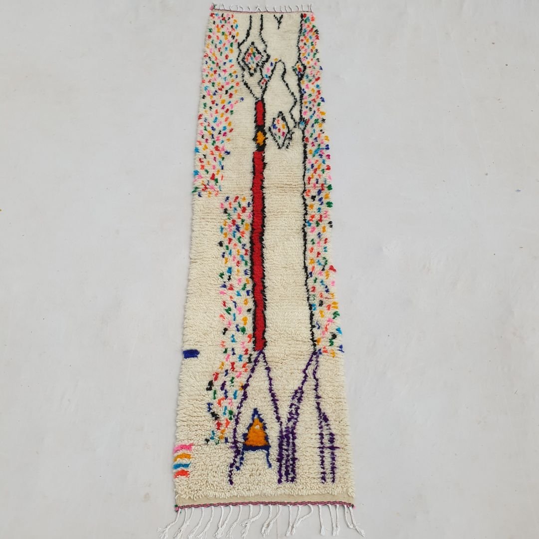 Saifa - Moroccan Hallway Runner Rug | Authentic White Azilal Wool Berber Runner | 2'34x10'17 Ft | 72x310 cm - OunizZ