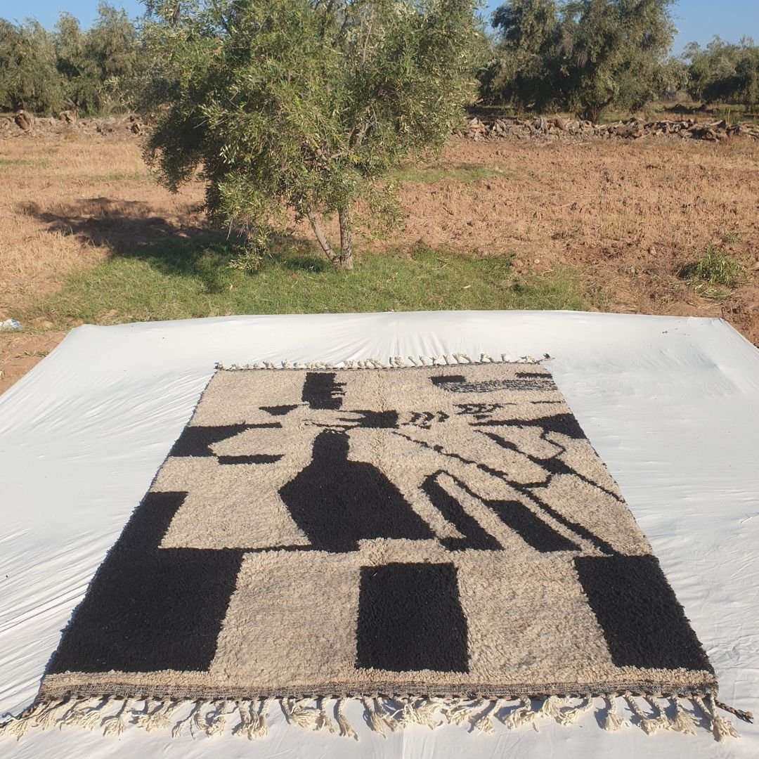 Slamta | Abstract Tribal 7x9 Black & Ivory Beni Ourain Rug - Plush Berber Wool Shag Carpet | 6'96x9'09 Ft | 212x277 cm - OunizZ