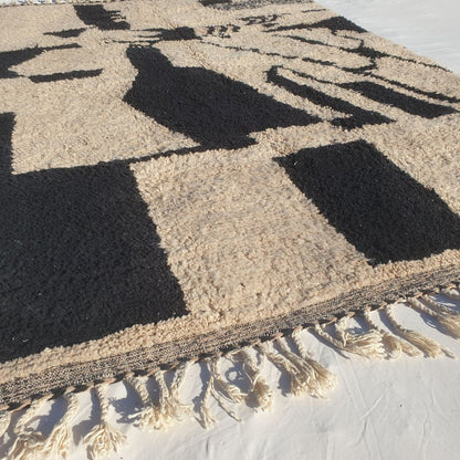 Slamta | Abstract Tribal 7x9 Black & Ivory Beni Ourain Rug - Plush Berber Wool Shag Carpet | 6'96x9'09 Ft | 212x277 cm - OunizZ