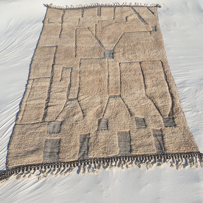 Srita | Large Abstract 7x11 Black & Ivory Beni Ourain Rug - Plush Berber Wool Shag Carpet | 7'x11'30 Ft | 213x344 cm - OunizZ