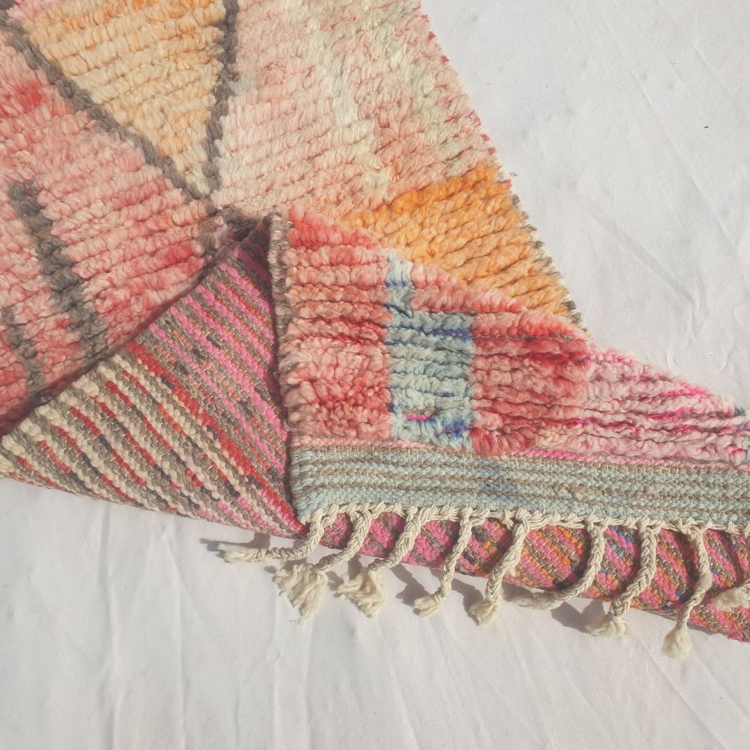 Tafena - Narrow Pink and Orange Moroccan Runner Rug with Grey Diamond Motifs and Patchwork Colour - Handwoven Berber Carpet | 2'1"x9'6" Ft | 64x291 cm - OunizZ