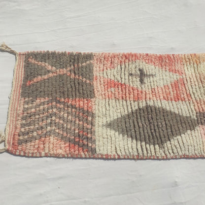 Tafena - Narrow Pink and Orange Moroccan Runner Rug with Grey Diamond Motifs and Patchwork Colour - Handwoven Berber Carpet | 2'1"x9'6" Ft | 64x291 cm - OunizZ