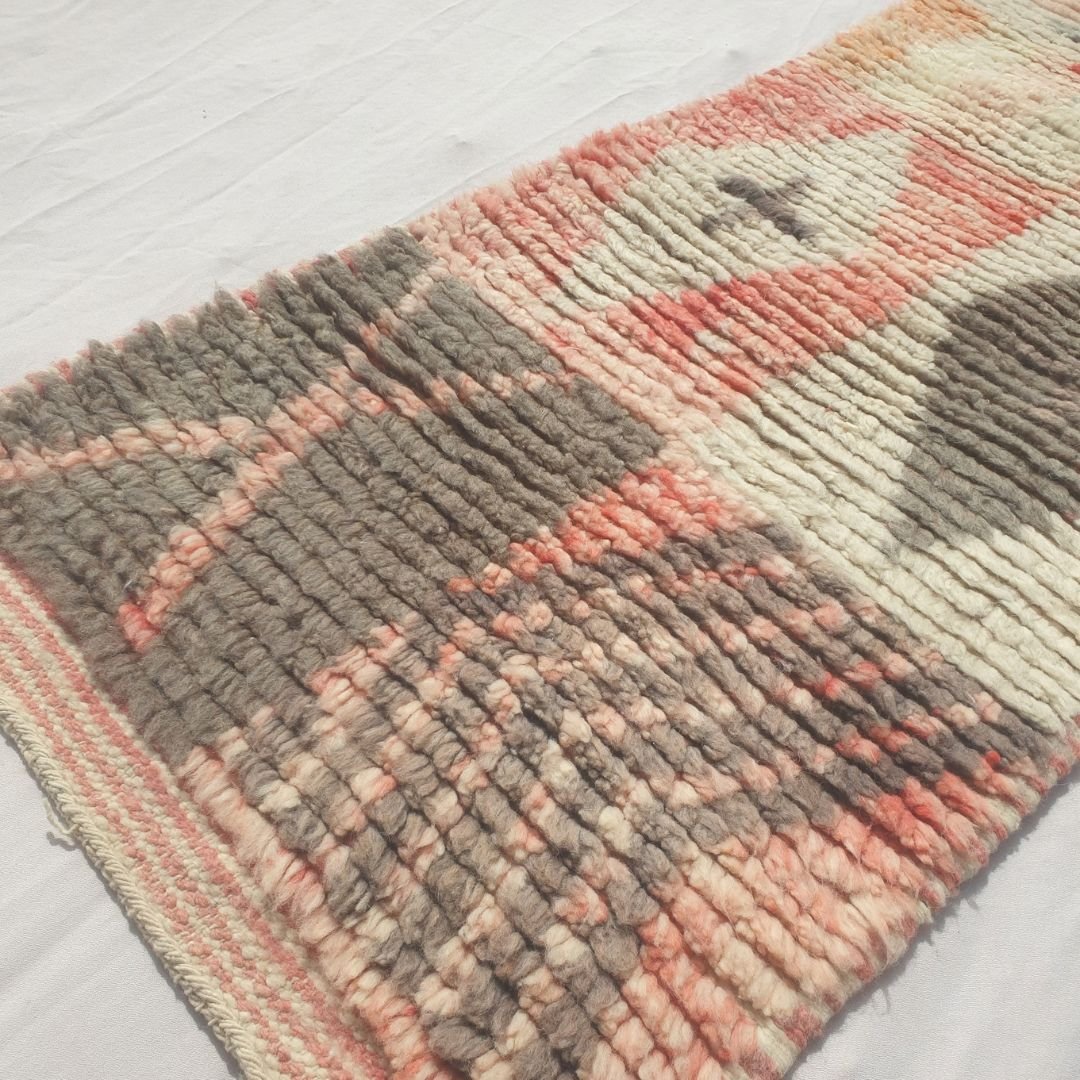 Tafena - Narrow Pink and Orange Moroccan Runner Rug with Grey Diamond Motifs and Patchwork Colour - Handwoven Berber Carpet | 2'1"x9'6" Ft | 64x291 cm - OunizZ