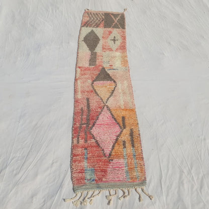 Tafena - Narrow Pink and Orange Moroccan Runner Rug with Grey Diamond Motifs and Patchwork Colour - Handwoven Berber Carpet | 2'1"x9'6" Ft | 64x291 cm - OunizZ