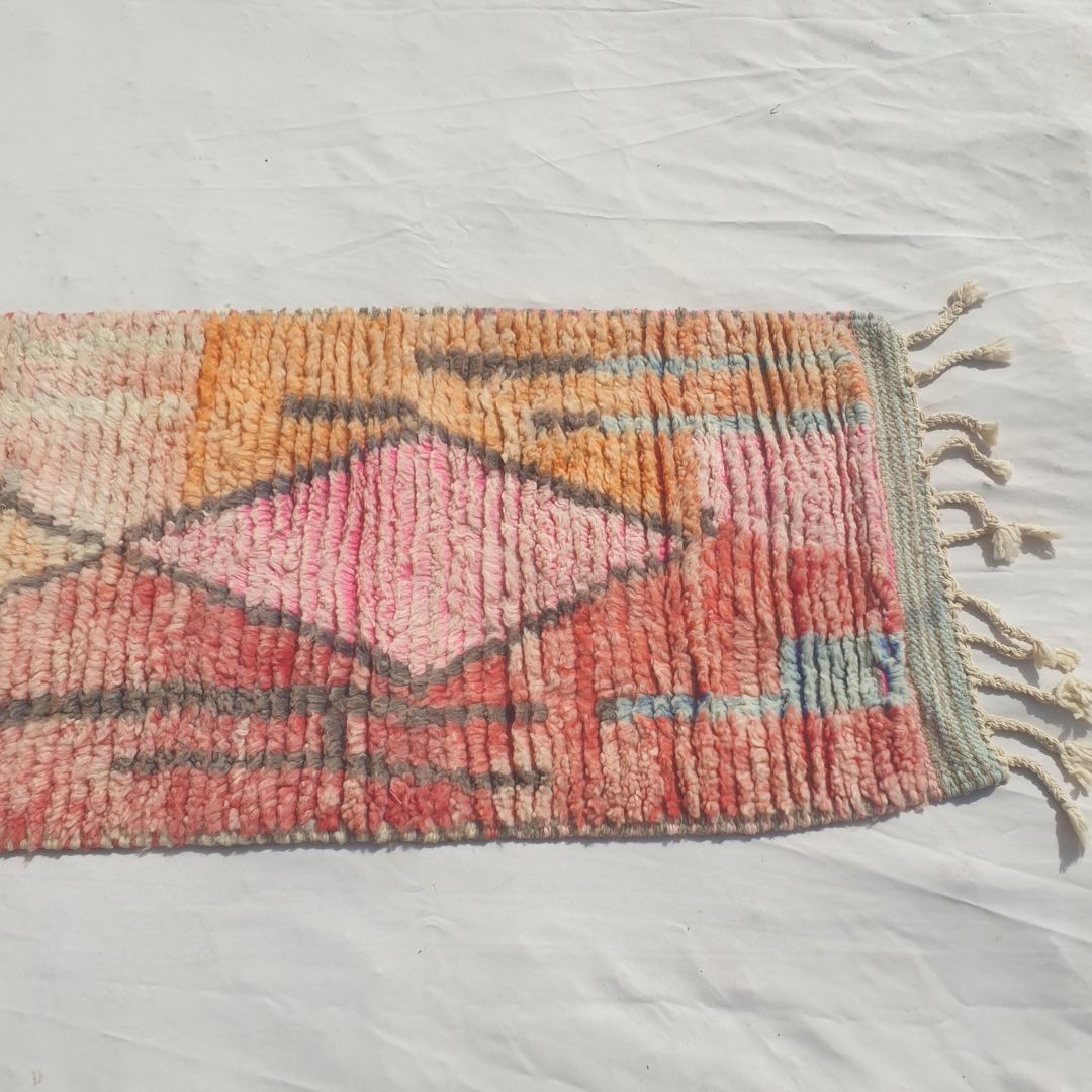 Tafena - Narrow Pink and Orange Moroccan Runner Rug with Grey Diamond Motifs and Patchwork Colour - Handwoven Berber Carpet | 2'1"x9'6" Ft | 64x291 cm - OunizZ