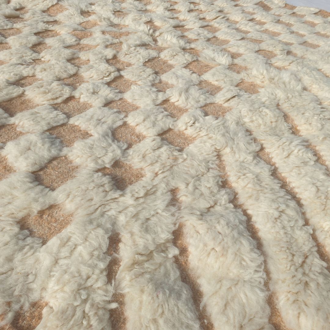 Tatalna - Textured Ivory Beni Ourain Rug with Diagonal Flutes and Checkerboard Relief - Handwoven Berber Carpet | 6'5"x10'2" Ft | 197x310 cm - OunizZ