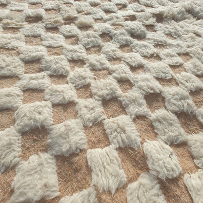 Tatalna - Textured Ivory Beni Ourain Rug with Diagonal Flutes and Checkerboard Relief - Handwoven Berber Carpet | 6'5"x10'2" Ft | 197x310 cm - OunizZ