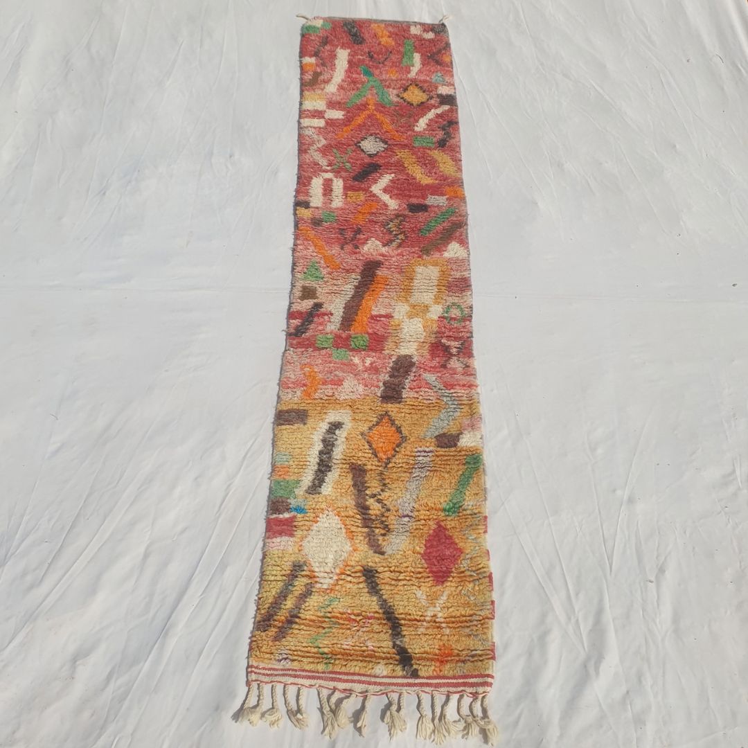 Tayrya - Slim Red and Mustard Moroccan Runner Rug with Scattered Symbols and Colourful Marks - Handwoven Berber Carpet | 2'2"x10'6" Ft | 68x322 cm - OunizZ